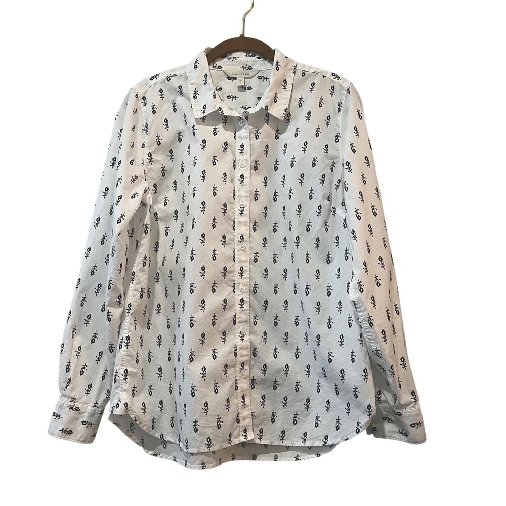 Garnet Hill White Button-Down Shirt with Black Floral Print